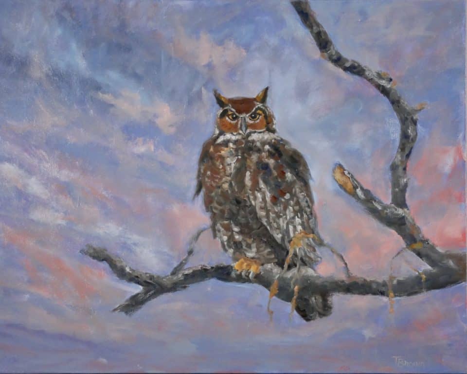 Large painting of a Great Horned Owl.