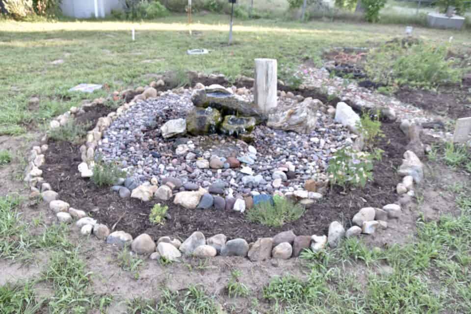 Pondless rock fountain and native plants
